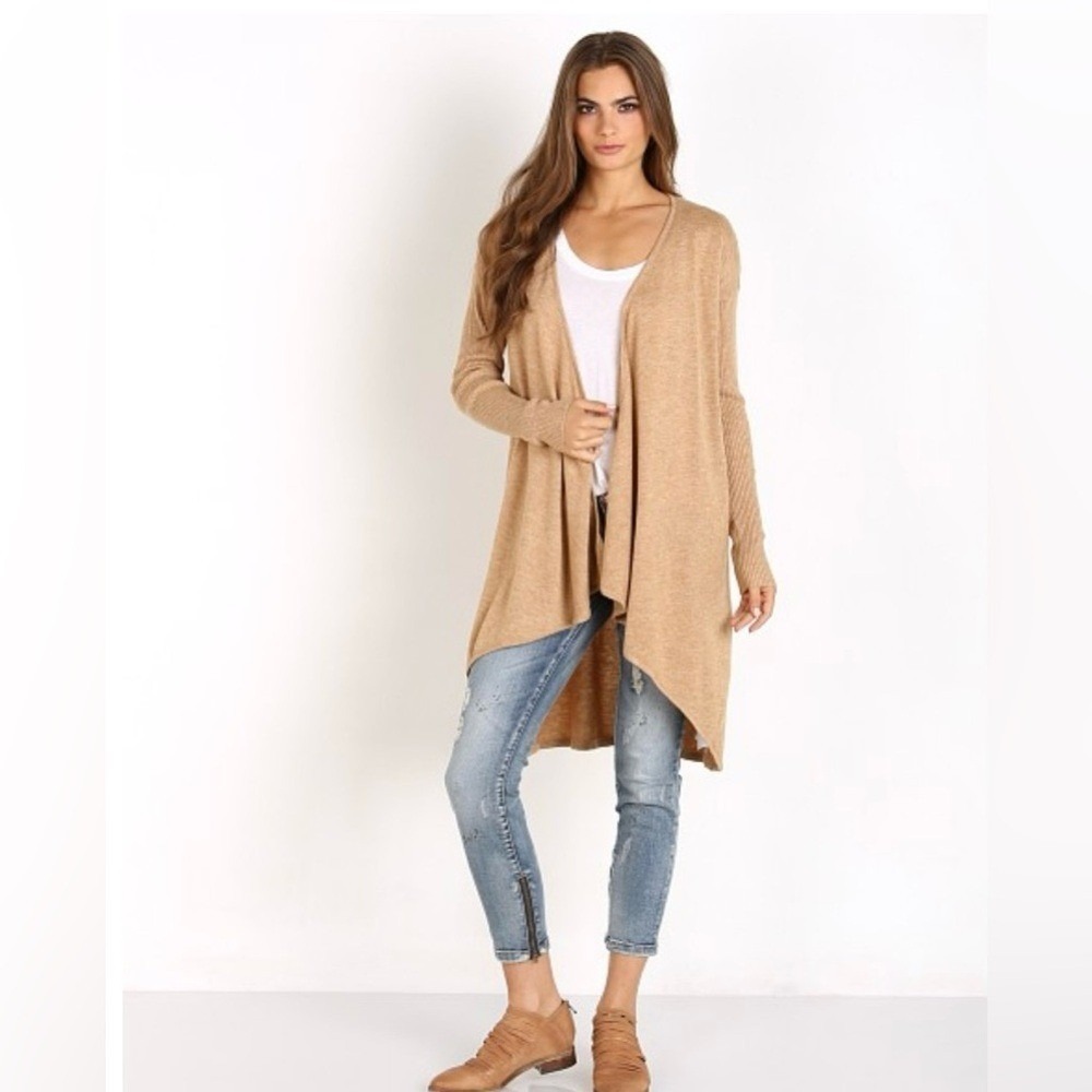 Minkpink Womens Tan Open Front Waterfall Draped Longline Cardigan Sweater M